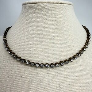 Vintage Brass Tone Clear Crystal Bezel Set Choker Tennis Necklace 15 Inch